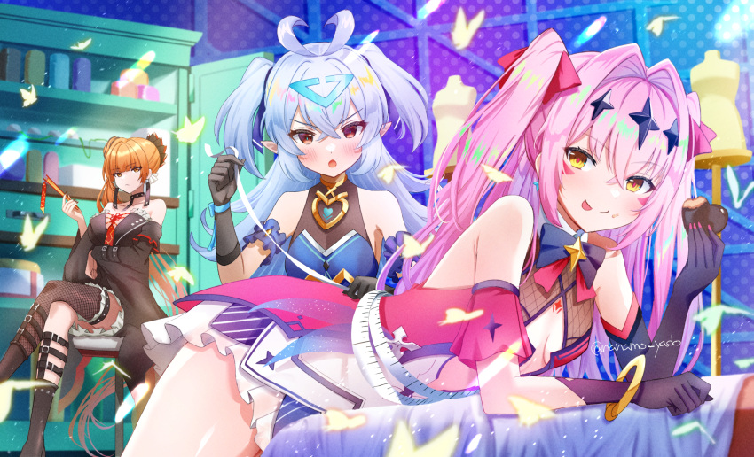 3girls annoyed bare_shoulders bellona_(epic_seven) belt black_gloves bow bowtie bracelet candy chocolate designer_lilibet_(epic_seven) eating elbow_gloves epic_seven fishnets food gloves hair_intakes hair_ribbon hairbow heart heart-shaped_chocolate highres jewelry lilibet_(epic_seven) long_hair luluca_(epic_seven) lying mannequin measuring multicolored_bow multicolored_bowtie multiple_girls nanamo_yado on_stomach orange_hair pink_bow pink_hair red_eyes ribbon single_elbow_glove sitting tape_measure thighs tongue tongue_out top_model_luluca_(epic_seven) two_side_up white_hair yellow_eyes