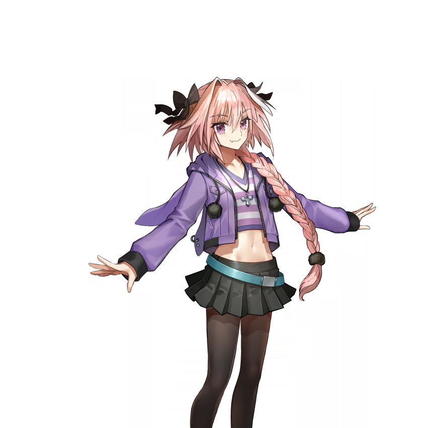 1boy androgynous animal_hood aqua_belt astolfo_(fate) astolfo_(memories_at_trifas)_(fate) black_bow black_pantyhose black_scales black_skirt bow braid breast_pocket closed_mouth cowboy_shot crop_top cropped_jacket cropped_shirt eyelashes fate/apocrypha fate/extella fate/extella_link fate/extra fate_(series) game_cg hair_between_eyes hair_intakes hairbow highres hood hood_down hooded_jacket jacket jewelry long_hair male_focus midriff miniskirt multicolored_hair navel non-web_source oerba_yun_fang official_alternate_costume official_art otoko_no_ko outstretched_arms pantyhose pendant pink_hair pleated_skirt pocket pom_pom_(clothes) purple_eyes purple_jacket rabbit_hood shirt simple_background single_braid skin_fang skirt smile solo spread_arms streaked_hair striped_clothes striped_shirt transparent_background two-tone_hair v-neck very_long_hair wada_arco white_hair