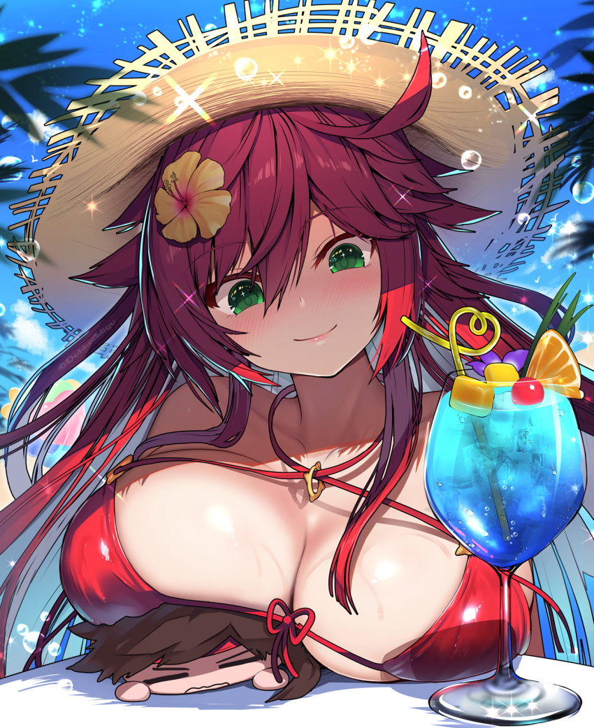 1boy bikini blue_sky breasts brown_hat closed_mouth cloud collarbone commentary_request cup day drinking_glass female flower green_eyes guilty_gear hair_between_eyes hat highres jack-o'_valentine large_breasts long_hair migumigu red_bikini red_hair sky smile sol_badguy straw_hat summer sunflower swimsuit upper_body yellow_flower