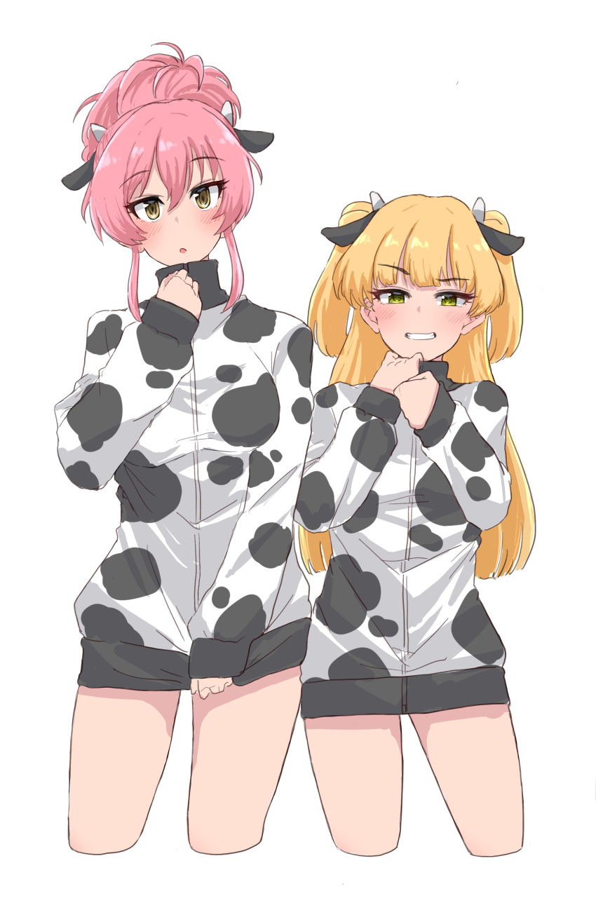 2girls absurdres animal_ears animal_print blonde_hair blush breasts cow_ears cow_horns cow_print cowboy_shot fake_animal_ears fake_horns green_eyes grin highres horns idolmaster idolmaster_cinderella_girls jougasaki_mika jougasaki_rika long_sleeves looking_at_viewer multiple_girls no_pants parted_lips pink_hair ponytail simple_background smile sweater two_side_up wasabijoyu76 white_background yellow_eyes