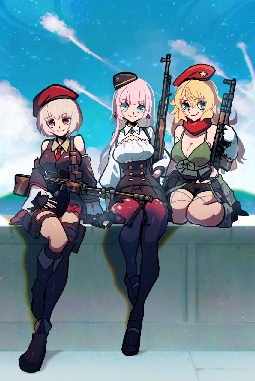 3girls absurdres ak-47 ak-47_(girls'_frontline) assault_rifle blonde_hair blue_eyes boots commission commissioner_upload girls'_frontline gloves gun highres iganashi1 kalashnikov_rifle light_machine_gun machine_gun multiple_girls pink_hair red_eyes red_scarf rifle rpd rpd_(girls'_frontline) scarf simonov_(girls'_frontline) skeb_commission sks thigh_strap thighhighs uniform weapon