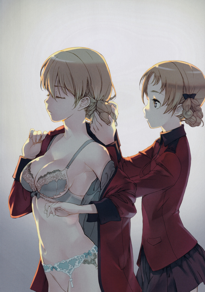 2girls absurdres aqua_bra backlighting bare_shoulders blonde_hair blue_bow blue_eyes bow bow_bra bra braid braiding_hair branch_(blackrabbits) breasts cleavage closed_eyes darjeeling_(girls_und_panzer) garter_belt girls_und_panzer groin hair_ribbon hair_rings hairdressing highres jacket lace lace-trimmed_bra lace_trim long_sleeves medium_breasts military_jacket multiple_girls navel no_panties non-web_source open_clothes open_shirt orange_hair orange_pekoe_(girls_und_panzer) parted_bangs red_jacket ribbon st._gloriana's_military_uniform tied_hair twin_braids underwear