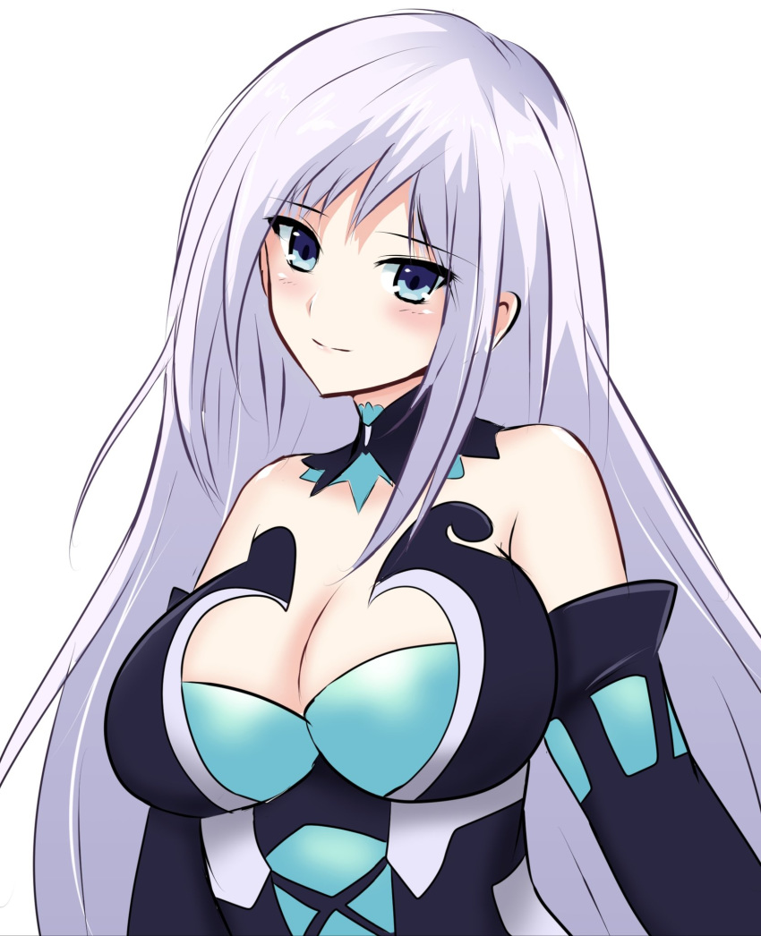 bare_shoulders blue_eyes blush breasts cleavage closed_mouth commentary_request detached_sleeves female grey_hair hair_between_eyes highres large_breasts light_persona long_hair magiquone neptune_(series) purple_hair seshiro_(which501) simple_background smile solo upper_body white_background