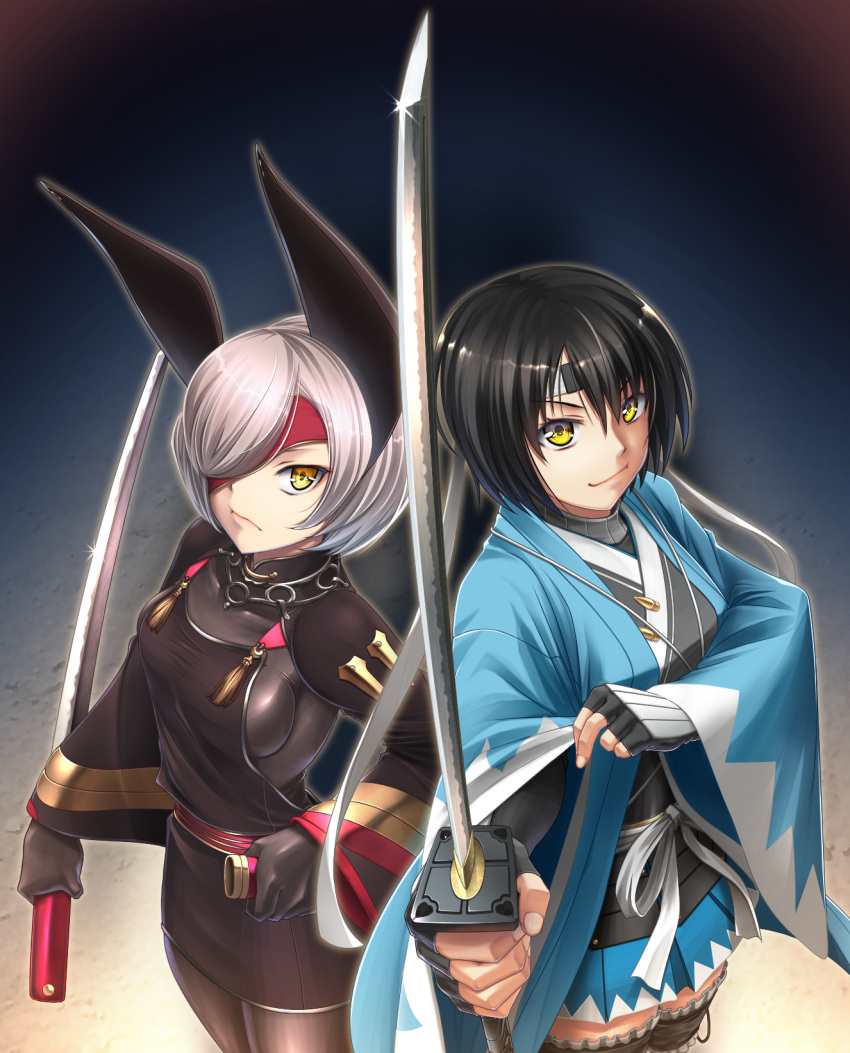 2girls animal_ears armor azamaru_(tenka_hyakken) bat_ears black_bodysuit black_dress black_hair black_tabard bob_cut bodysuit closed_mouth dress fingerless_gloves forehead_protector frilled_thighhighs frills gloves hands_up haori highres holding holding_clothes holding_sword holding_weapon japanese_armor japanese_clothes kashuu_kiyomitsu_(tenka_hyakken) katana kote long_sleeves makoccha multiple_girls official_alternate_costume one_eye_covered pleated_skirt scabbard sheath shinsengumi skirt smile sword tabard tassel tenka_hyakken thighhighs turtleneck weapon white_hair wide_sleeves yellow_eyes