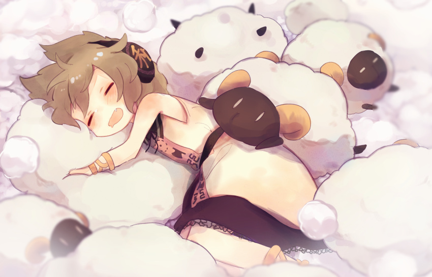 anklet ashiyu_(ashu-ashu) bare_shoulders blouse blurry blush bracelet closed_eyes depth_of_field drooling earmuffs feet_out_of_frame female flat_chest highres jewelry light_brown_hair lying mouth_drool oerba_yun_fang on_side open_mouth sash sheep shirt short_hair sleeping sleeveless sleeveless_shirt solo touhou toyosatomimi_no_miko white_shirt