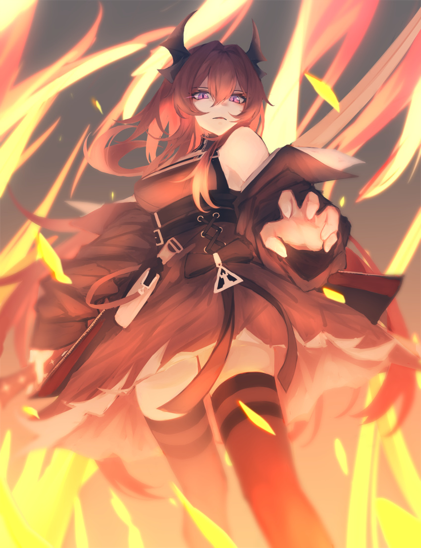 arknights black_dress demon_girl demon_horns dress female fire highres horns long_hair looking_at_viewer looking_down off_shoulder ozeu0916 purple_eyes red_hair slit_pupils solo surtr_(arknights) thighhighs