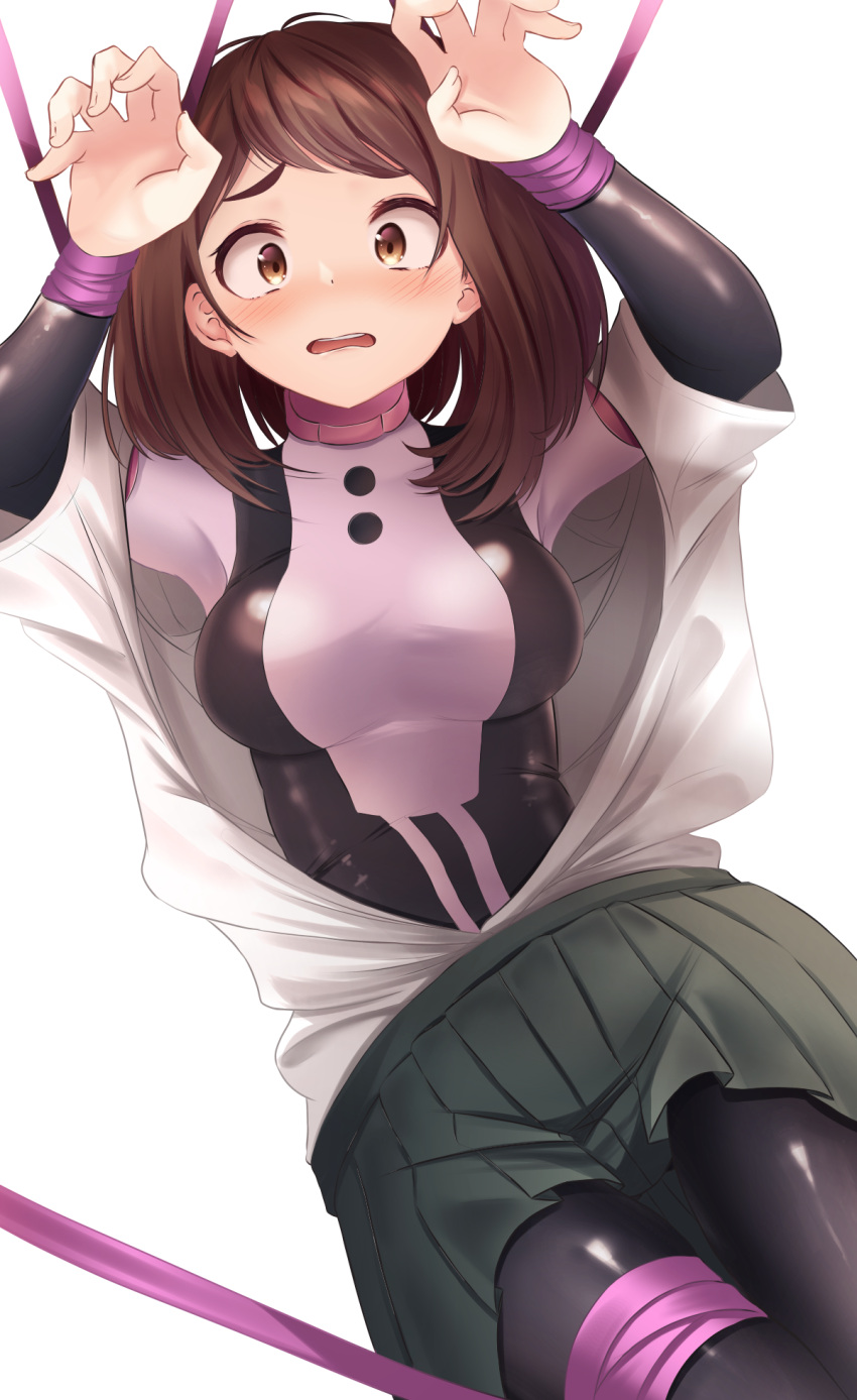 black_bodysuit blush bodysuit bodysuit_under_clothes boku_no_hero_academia bound bound_legs bound_wrists breasts brown_eyes brown_hair claw_pose commentary doyachii dress_shirt embarrassed female grey_skirt hands_up highres long_sleeves looking_at_viewer medium_breasts nervous nose_blush open_clothes open_mouth open_shirt pleated_skirt purple_ribbon raised_eyebrows ribbon school_uniform shirt short_hair short_sleeves simple_background skirt solo u.a._school_uniform uraraka_ochako white_background white_shirt worried