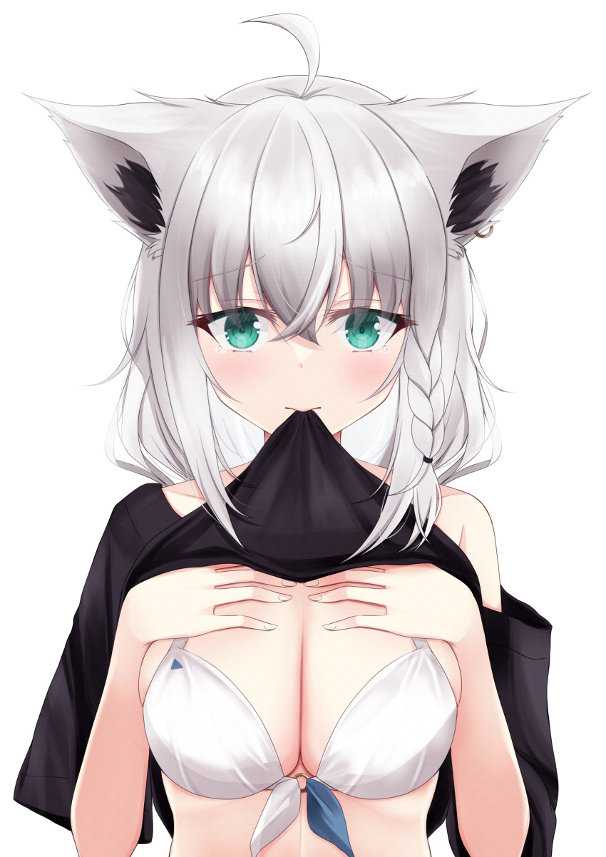 absurdres ahoge animal_ear_fluff animal_ears black_shirt blush bra braid breasts cleavage clothes_in_mouth commentary_request earrings female fox_ears fox_girl green_eyes hair_between_eyes hands_on_own_chest highres hololive jewelry kamesys large_breasts long_hair looking_at_viewer mouth_hold shirakami_fubuki shirt shirt_in_mouth sidelocks simple_background single_braid solo underwear virtual_youtuber white_background white_bra white_hair