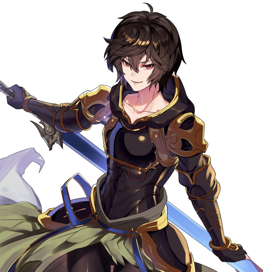 1boy ahoge armor bad_id bad_twitter_id brown_hair commentary_request fingerless_gloves gloves granblue_fantasy highres hood hood_down looking_at_viewer makita_(homosapiensu) male_focus open_mouth pantyhose red_eyes sandalphon_(granblue_fantasy) smile solo