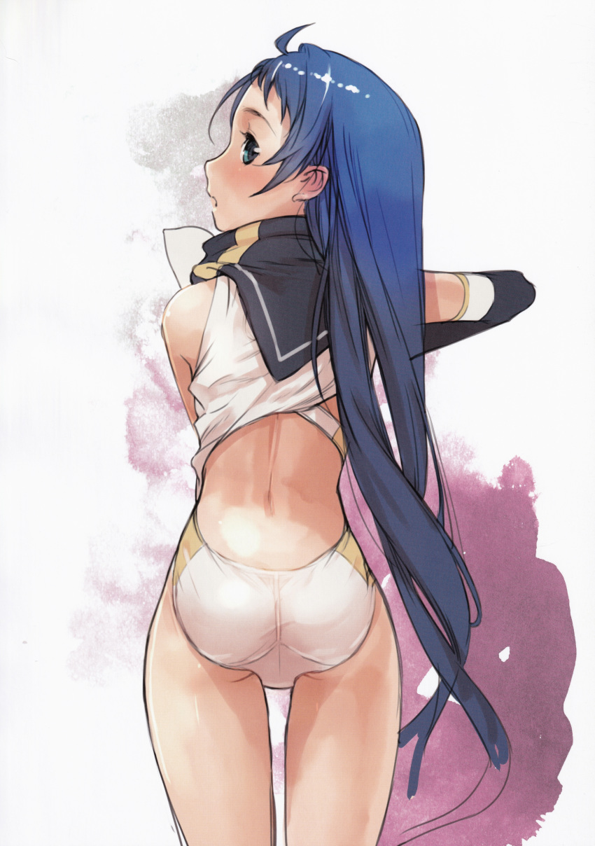 absurdres ahoge ass back bare_shoulders black_gloves blue_eyes blue_hair blush branch_(blackrabbits) elbow_gloves female from_behind gloves gradient_hair highres kantai_collection long_hair looking_at_viewer looking_back multicolored_hair non-web_source one-piece_swimsuit open_mouth samidare_(kancolle) scan shirt sleeveless sleeveless_shirt solo swept_bangs swimsuit swimsuit_under_clothes very_long_hair white_one-piece_swimsuit