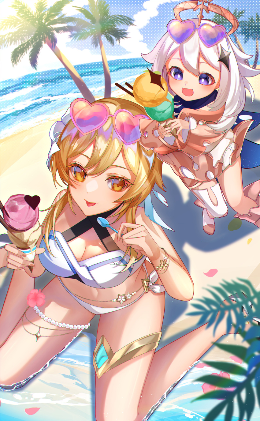 2girls :d :p absurdres beach blush breasts coconut eyewear_on_head food from_above genshin_impact halftone heart heart-shaped_eyewear highres holding holding_food holding_ice_cream horizon ice_cream leaf looking_at_another looking_at_viewer lumine_(genshin_impact) multiple_girls natsuki_yoru ocean outdoors paimon_(genshin_impact) palm_leaf palm_tree plant romper sand sitting smile sunglasses swimsuit thigh_strap tongue tongue_out tree wariza water white_romper