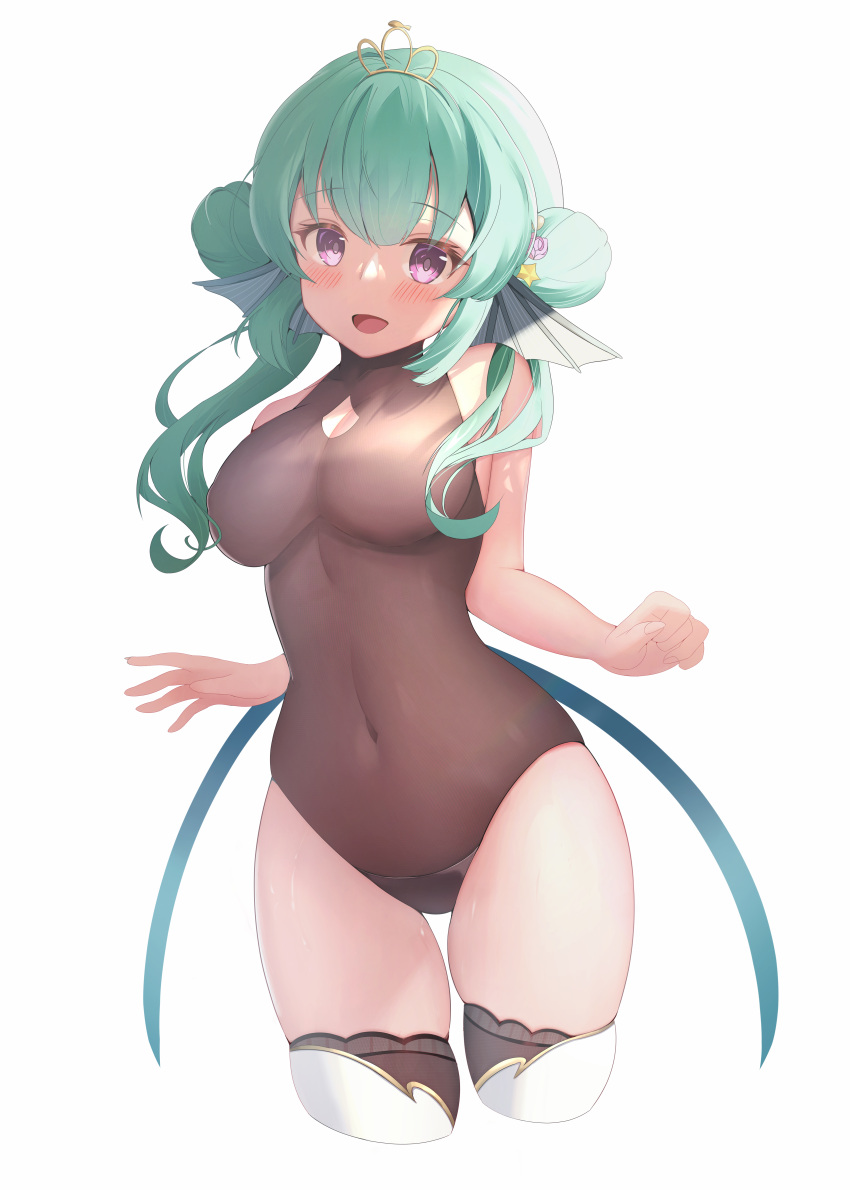 absurdres arms_behind_back asymmetrical_hair bare_shoulders black_leotard blush breasts cleavage cleavage_cutout clothing_cutout contrapposto covered_collarbone covered_navel covered_nipples cowboy_shot double_bun female finana_ryugu finana_ryugu_(2nd_costume) fins fish_girl green_hair hair_bun head_fins head_tilt highres impossible_clothes impossible_leotard large_breasts leotard long_hair looking_at_viewer nijisanji nijisanji_en open_mouth purple_eyes simple_background skindentation sleeveless smile solo thighhighs tiara virtual_youtuber white_background wide_hips zephryion