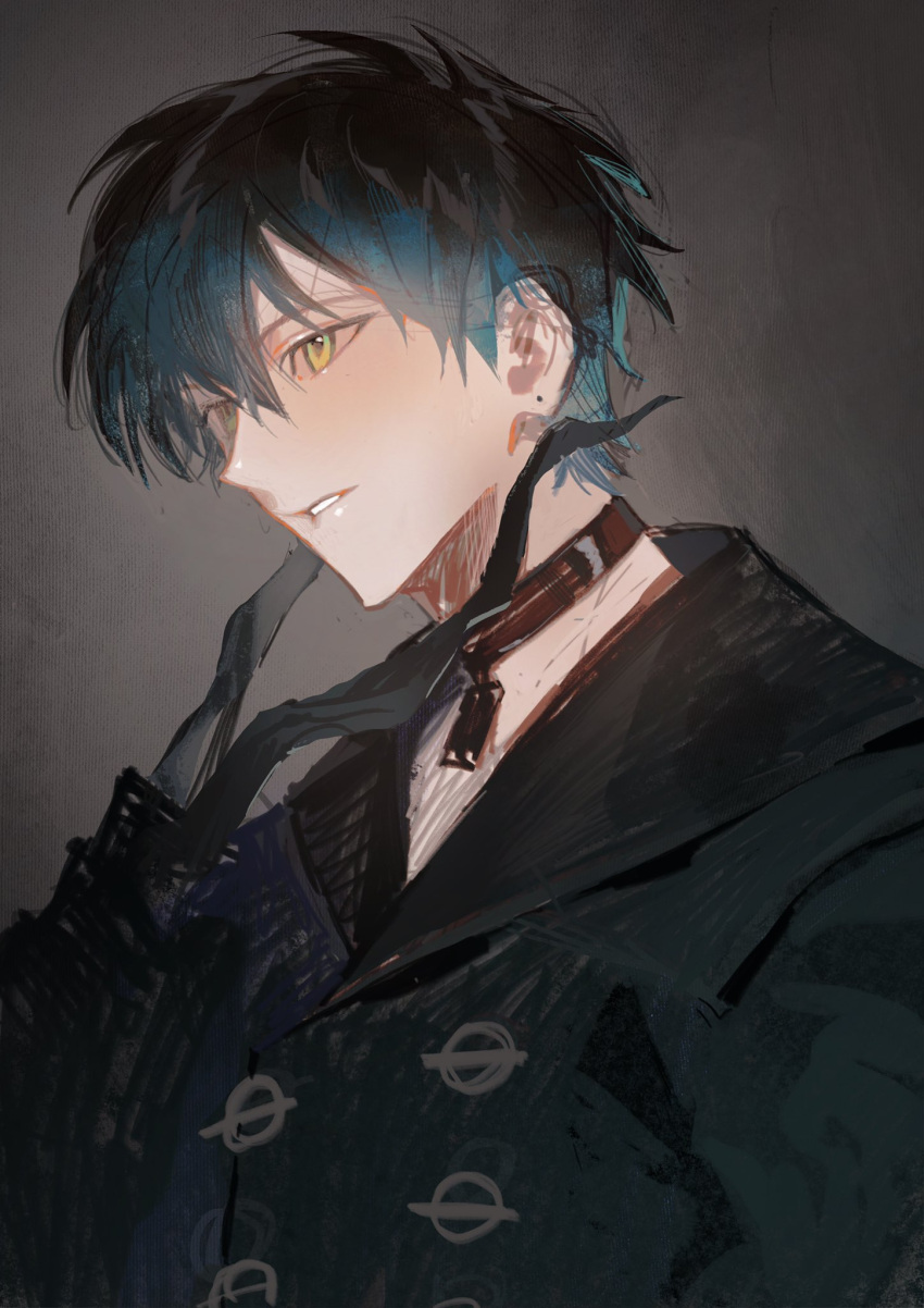 1boy 9s_(nier:automata) 9s_(nier:automata)_(cosplay) black_hair black_jacket blue_hair blush brown_choker chinese_commentary choker cosplay gradient_hair hair_behind_ear highres holding_blindfold ike_eveland jacket kukuish looking_ahead male_focus multicolored_hair nier:automata nier_(series) nijisanji nijisanji_en parted_lips smile solo upper_body virtual_youtuber