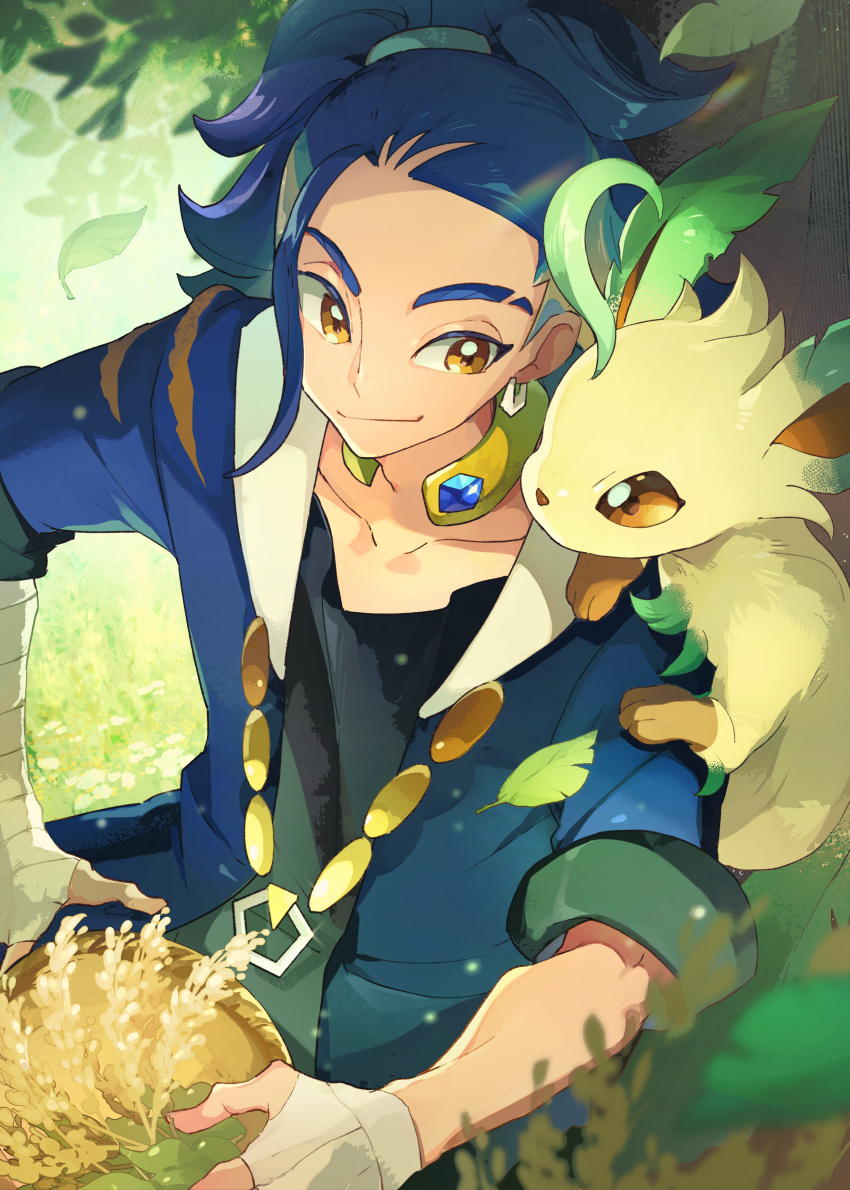 1boy absurdres adaman_(pokemon) arm_wrap black_shirt blue_coat blue_hair blurry brown_eyes closed_mouth coat collar collarbone commentary_request earrings eyebrow_cut green_hair hand_wraps highres jewelry leafeon looking_to_the_side male_focus mkakimikan multicolored_hair neck_ring pokemon pokemon_(creature) pokemon_legends:_arceus pokemon_on_arm ponytail shirt smile tied_hair