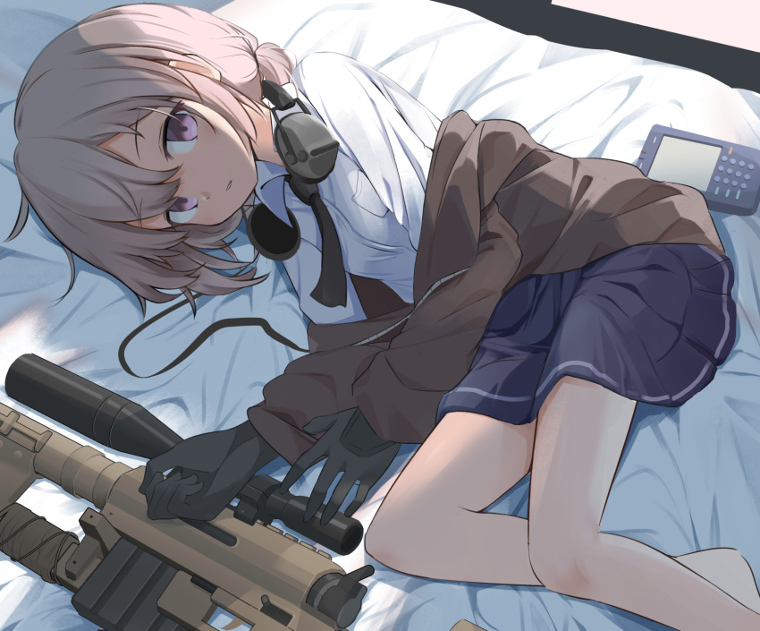 barefoot bed bed_sheet black_gloves blue_skirt bolt_action brown_hair brown_jacket calculator cheytac_m200 ear_protection female girls'_frontline gloves gun highres holding holding_gun holding_weapon indoors jacket legs long_sleeves looking_at_viewer lying m200_(girls'_frontline) ma40414 necktie on_side open_mouth polo_shirt ponytail purple_eyes rifle shirt skirt sniper_rifle sunlight teeth weapon white_shirt