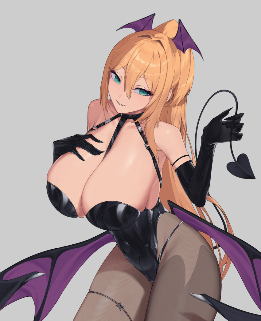 absurdres alternate_costume bare_shoulders bat_wings befe black_gloves black_leotard black_tail blonde_hair breasts brown_pantyhose cleavage collarbone demon_girl demon_tail elbow_gloves fake_nails female gloves goddess_of_victory:_nikke green_eyes grin hair_intakes hand_on_own_chest head_wings highleg highleg_leotard highres huge_breasts leotard light_blush long_hair looking_to_the_side low_wings oerba_yun_fang pantyhose parted_lips ponytail rupee_(nikke) skin_fang smile solo strapless strapless_leotard tail thick_thighs thighlet thighs very_long_hair wings