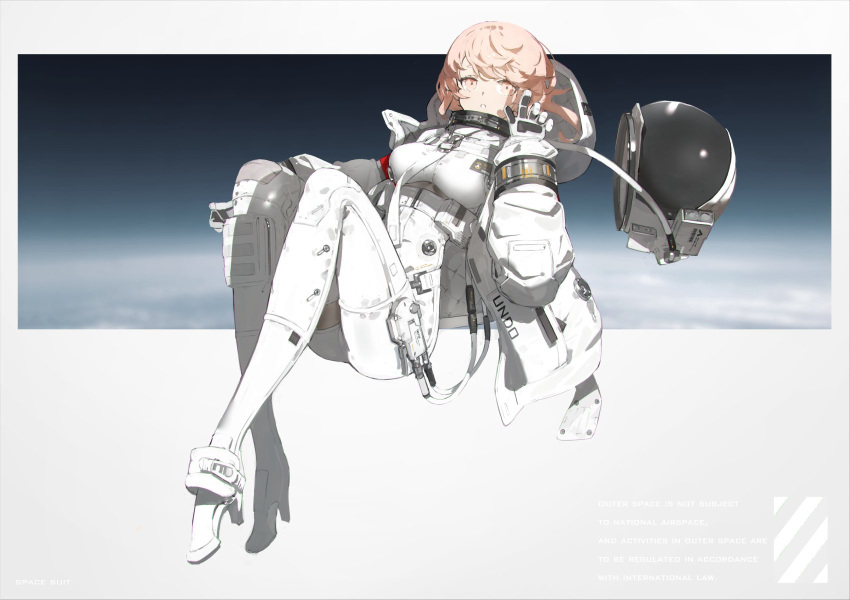 bodysuit breasts cloud english_text falslander female floating floating_hair gloves harness helmet high_heels highres hood iris_(neco) jacket medium_breasts neco open_clothes open_jacket pink_eyes pink_hair solo space_helmet spacesuit unworn_headwear unworn_helmet