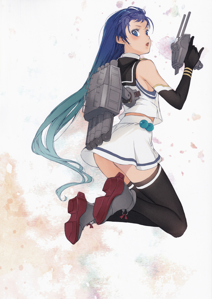 absurdres ahoge ass black_sailor_collar black_thighhighs blue_eyes blue_hair blush branch_(blackrabbits) cannon elbow_gloves female gloves gradient_hair highres jumping kantai_collection long_hair looking_at_viewer looking_back machinery midriff_peek miniskirt multicolored_hair non-web_source open_mouth sailor_collar samidare_(kancolle) scan school_uniform serafuku shirt skirt sleeveless sleeveless_shirt solo swept_bangs thighhighs turret very_long_hair white_serafuku white_skirt zettai_ryouiki