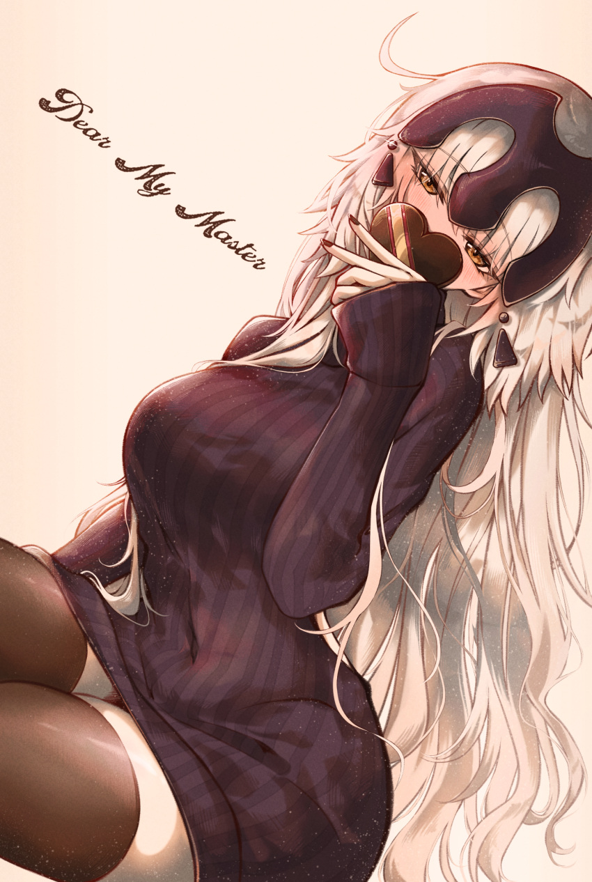 black_sweater blush breasts brown_thighhighs candy chocolate fate/grand_order fate_(series) female food hair_flowing_over headpiece heart heart-shaped_chocolate highres jeanne_d'arc_alter_(avenger)_(fate) jeanne_d'arc_alter_(fate) large_breasts long_hair long_sleeves looking_at_viewer ribbed_sweater ru_251 solo sweater thighhighs thighs turtleneck turtleneck_sweater valentine very_long_hair white_hair yellow_eyes