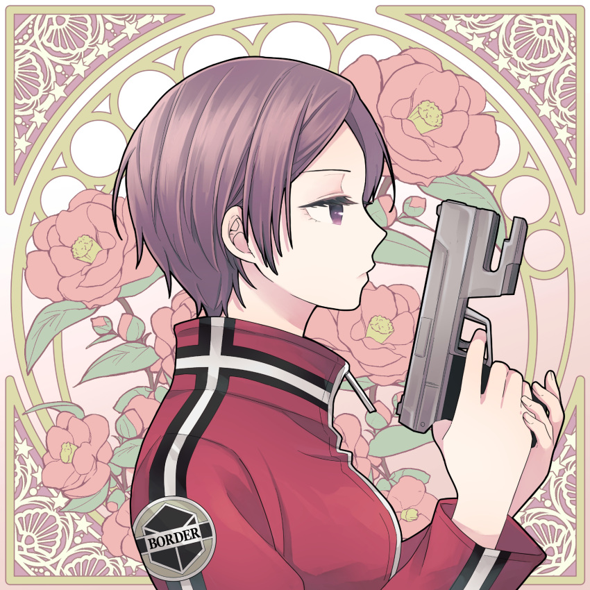 arashiyama_squad's_uniform badge border breasts camellia eyelashes female finger_on_trigger floral_background flower from_side gun handgun hands_up highres holding holding_gun holding_weapon jacket kitora_ai looking_ahead medium_breasts profile purple_eyes purple_hair red_flower red_jacket seto_taichi short_hair solo uniform upper_body weapon world_trigger