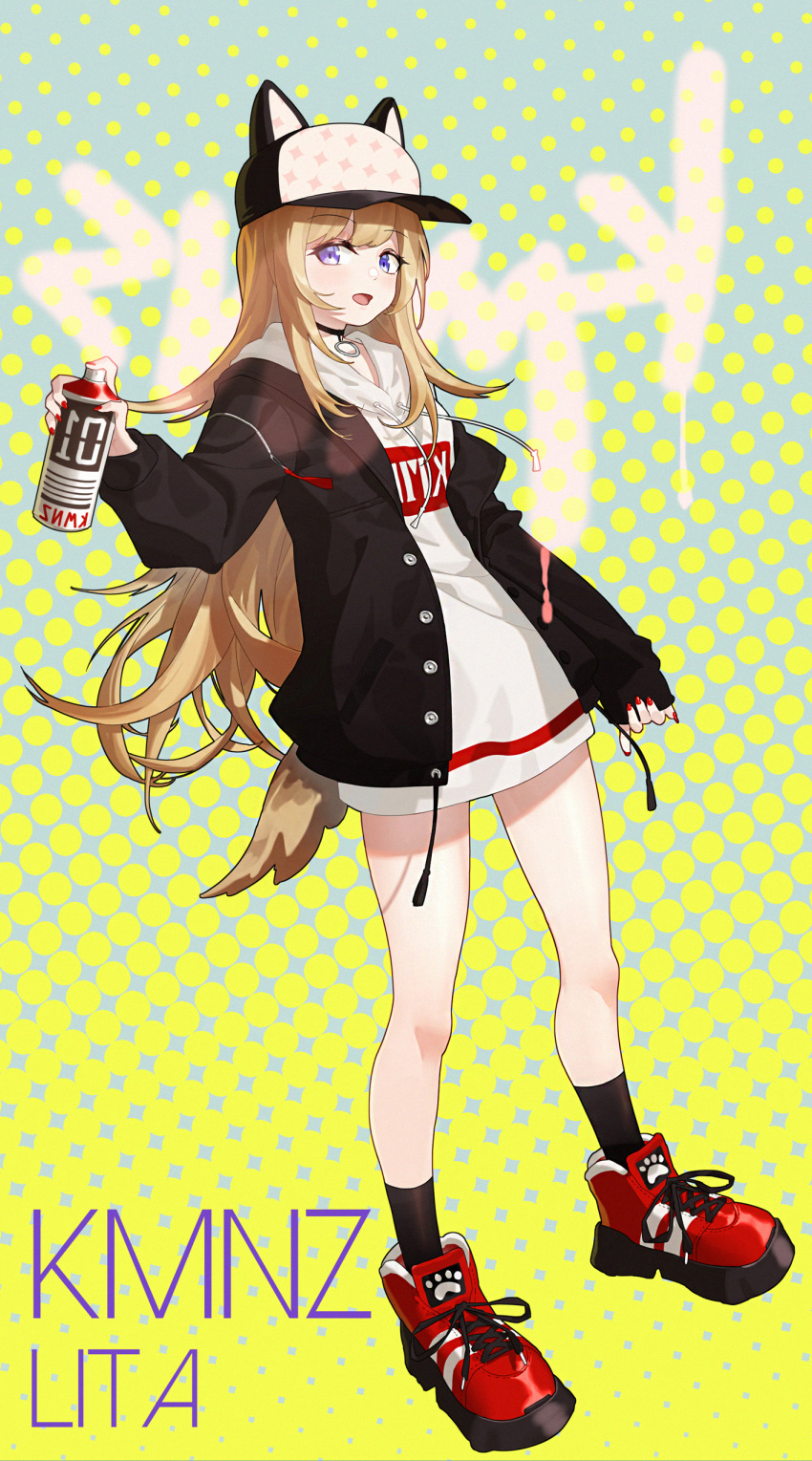 :d absurdres bad_id bad_pixiv_id baseball_cap blonde_hair blue_eyes character_name choker commentary_request dog_tail eggplus female full_body hat hat_with_ears highres hood hood_down hoodie jacket kmnz long_hair long_sleeves looking_at_viewer mc_lita no_pants open_mouth paw_print polka_dot polka_dot_background red_footwear red_nails smile solo spray_can tail virtual_youtuber