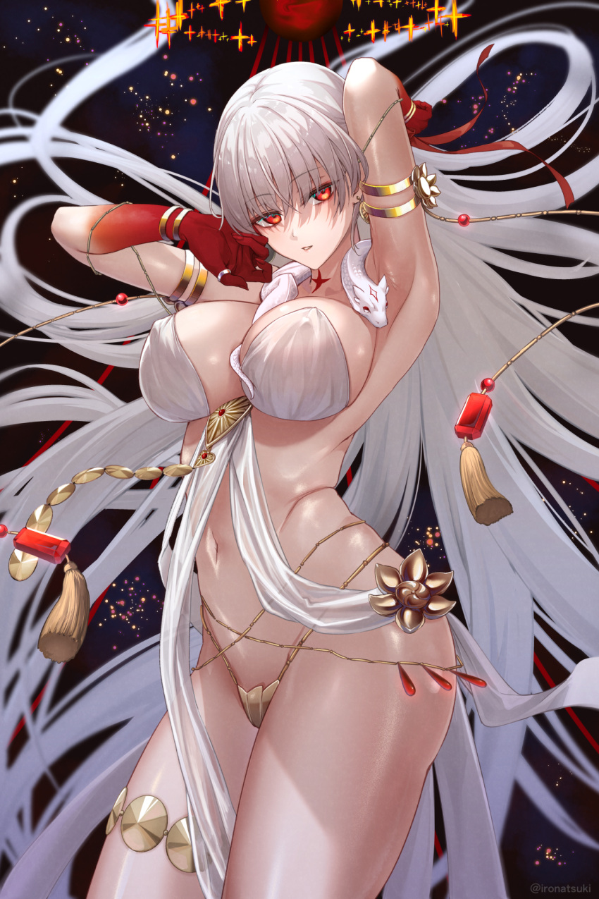 arm_behind_head armlet armpits arms_up bare_shoulders belly_chain blush body_markings bracelet breasts cleavage collarbone colored_skin durga_(fate) earrings fate/grand_order fate_(series) female gradient_skin grey_hair hair_ribbon highres ironatsuki jewelry large_breasts long_hair looking_at_viewer navel parted_lips pelvic_curtain red_eyes red_skin revealing_clothes ribbon sash snake solo thighlet thighs thumb_ring very_long_hair