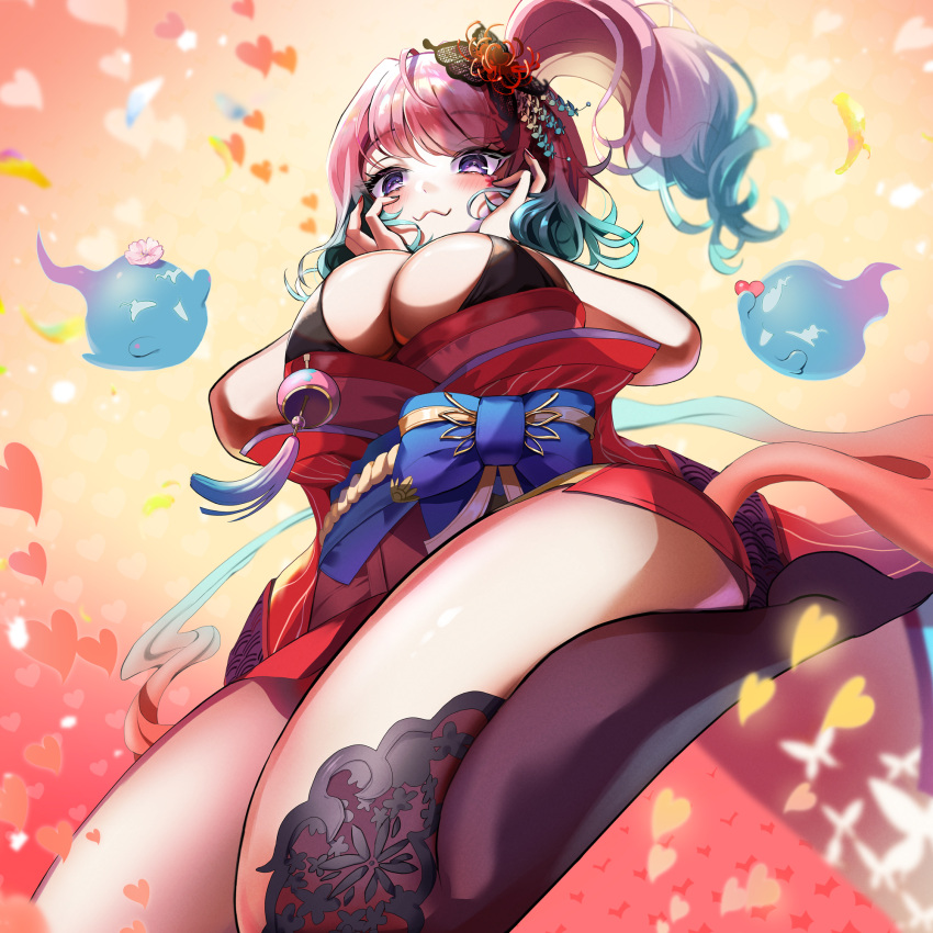 :3 black_bra black_thighhighs blue_hair blue_sash bra breasts butterfly_hair_ornament cleavage commission female flower flower_facial_mark ghost gradient_hair hair_flower hair_ornament hands_on_own_cheeks hands_on_own_face heart highres indie_virtual_youtuber japanese_clothes kimono large_breasts multicolored_hair obi obijime one_side_up pink_flower pink_hair purple_eyes red_flower red_kimono reiyu_guigui sash seiza single_thighhigh sitting skeb_commission thighhighs underwear virtual_youtuber yuarima2