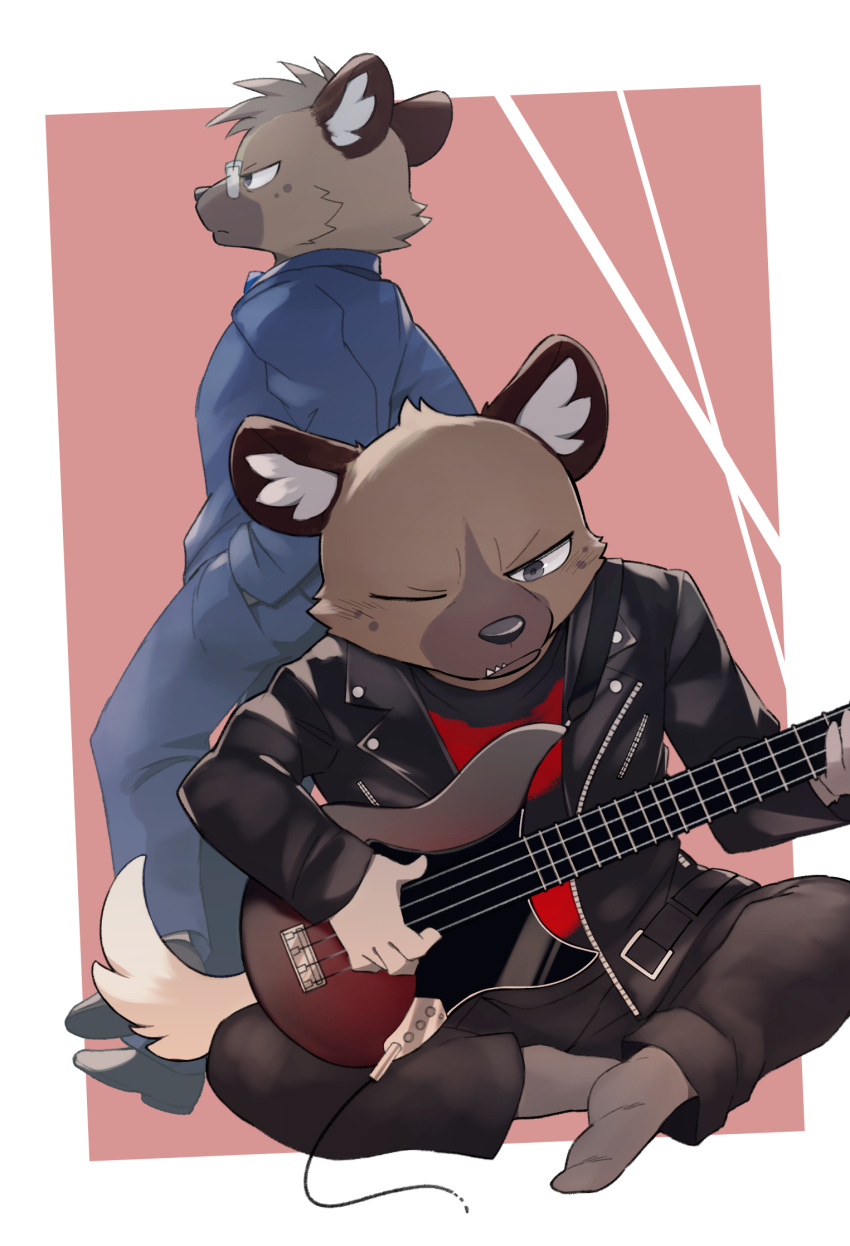 2023 5_fingers aggretsuko anthro bass_guitar black_clothing blue_clothing brother_(lore) brothers_(lore) brown_body brown_fur clothing duo eyewear fingers footwear fur glasses guitar haida_(aggretsuko) hi_res hyena jacket jiro_haida_(aggretsuko) kinoshita-jiroh male mammal musical_instrument one_eye_closed plucked_string_instrument sanrio shirt sibling_(lore) sitting socks spotted_hyena string_instrument suit t-shirt topwear