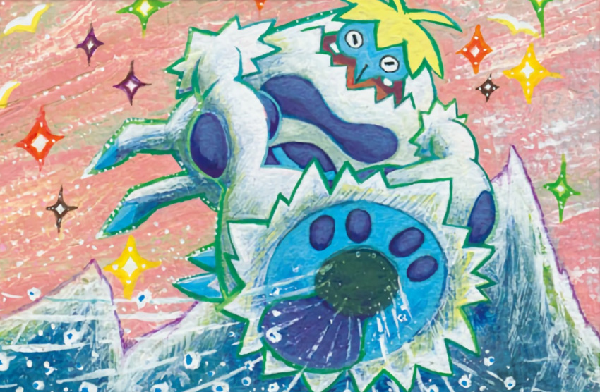 closed_eyes crabominable facing_viewer full_body gen_7_pokemon komiya_tomokazu no_humans official_art open_mouth pokemon pokemon_trading_card_game sky snow snowing solo wind