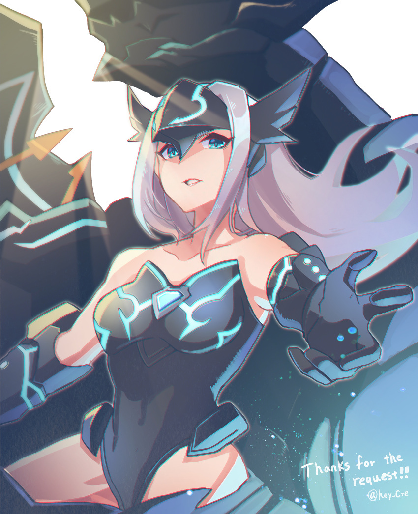 armor blue_eyes chest_jewel dragon female gloves herald_(xenoblade) hey_cre highres leotard long_hair open_mouth signature simple_background solo white_background xenoblade_chronicles_(series) xenoblade_chronicles_2