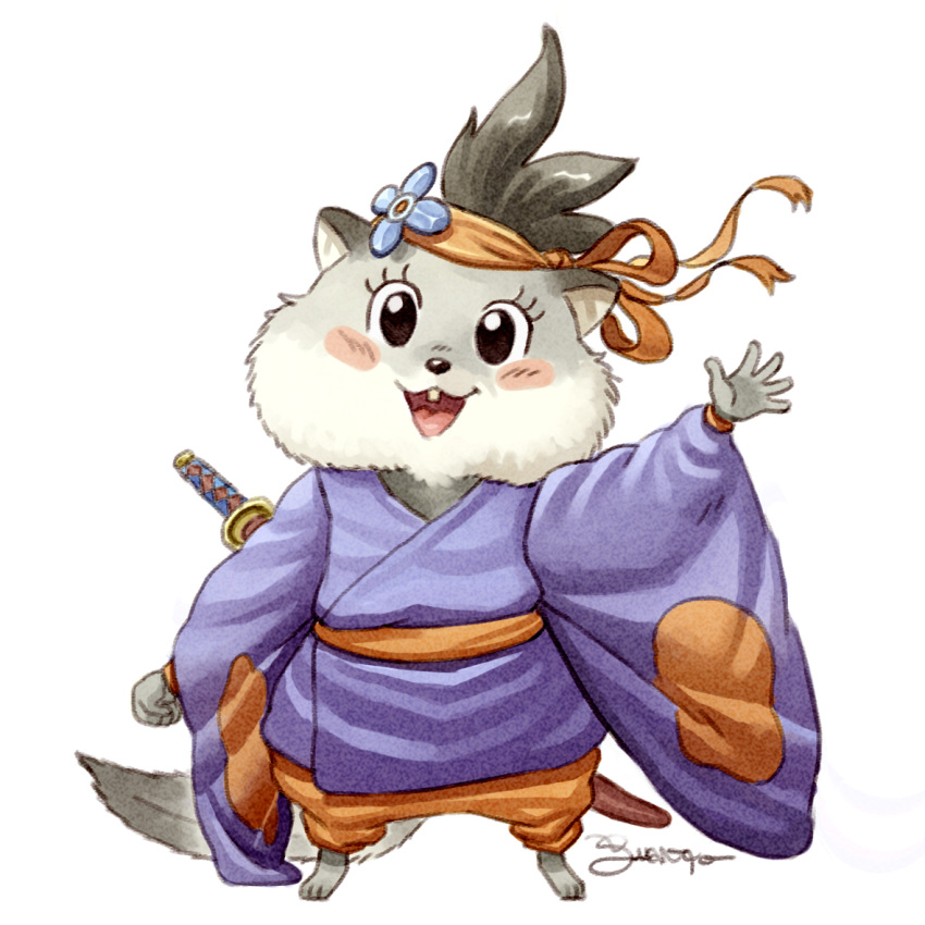 1:1 asian_clothing clothed clothing east_asian_clothing female flower flying_squirrel fur gesture grey_body grey_fur hanako_(kemono_heroes) japanese_clothing juanito_medina katana kemono_heroes kimono mammal melee_weapon official_art plant ribbons rodent sciurid simple_background smile solo standing sword waving weapon white_background