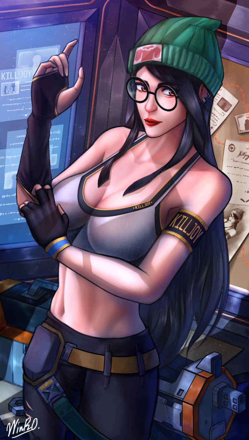 absurdres bare_shoulders black_gloves black_hair black_pants breasts crop_top female fingerless_gloves glasses gloves green_headwear hat highres killjoy_(valorant) large_breasts lips long_hair navel pants smile stomach valorant very_long_hair winro yellow_eyes