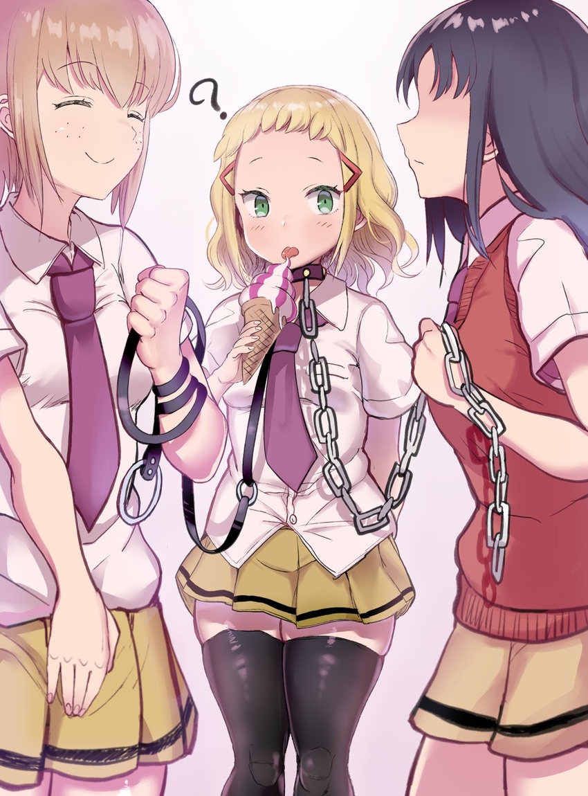 3girls ? animal_collar arm_behind_back bad_id bad_twitter_id black_hair black_thighhighs blonde_hair blush breasts buttons chain_leash chains closed_eyes closed_mouth collar collared_shirt commentary cowboy_shot faceless faceless_female facing_another food freckles green_eyes hair_ornament hairclip happy highres holding holding_chain holding_food holding_leash ice_cream ice_cream_cone inactive_account leash licking light_brown_hair long_hair loose_necktie medium_hair mima_sachi minami_koharu miniskirt multiple_girls necktie pleated_skirt purple_necktie red_sweater_vest school_uniform shirt shirt_tucked_in short_hair short_sleeves simple_background skindentation skirt smile standing straight_hair sweater_vest tanaka_mako thick_thighs thighhighs thighs tomato_cyuki tongue tongue_out untucked_shirt watashi_ga_motenai_no_wa_dou_kangaetemo_omaera_ga_warui! wavy_hair white_background white_shirt yellow_skirt