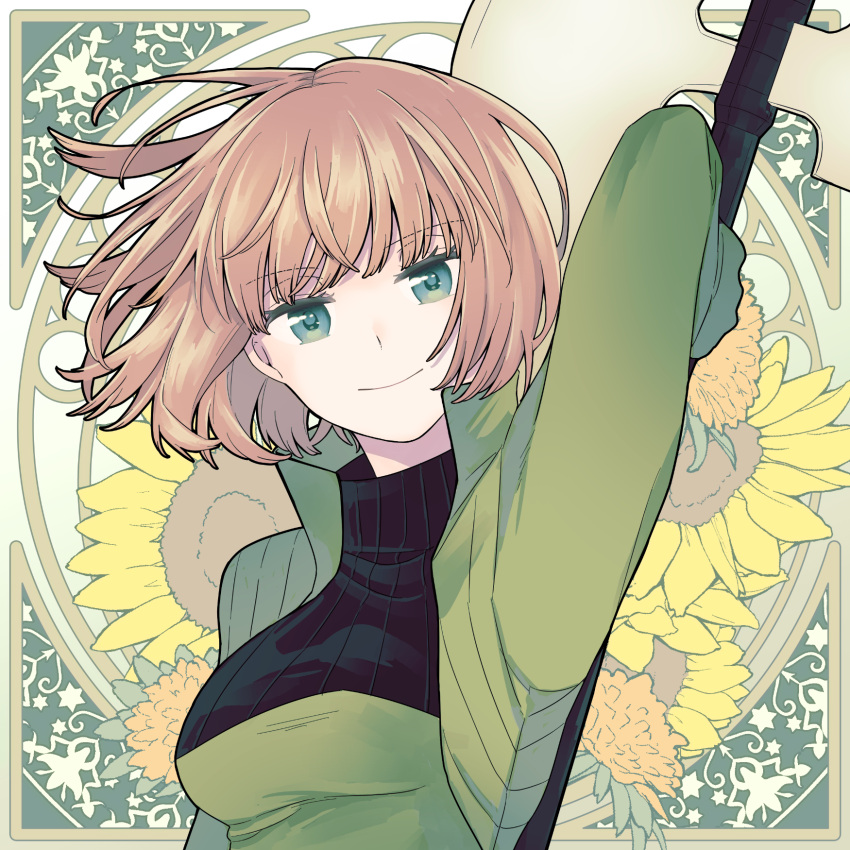 aqua_eyes arm_up axe battle_axe border breasts brown_hair female floating_hair floral_background flower gloves green_eyes green_gloves green_jacket highres holding holding_weapon jacket konami_kirie medium_breasts orange_flower seto_taichi short_hair solo sunflower turtleneck uniform upper_body weapon world_trigger yellow_flower