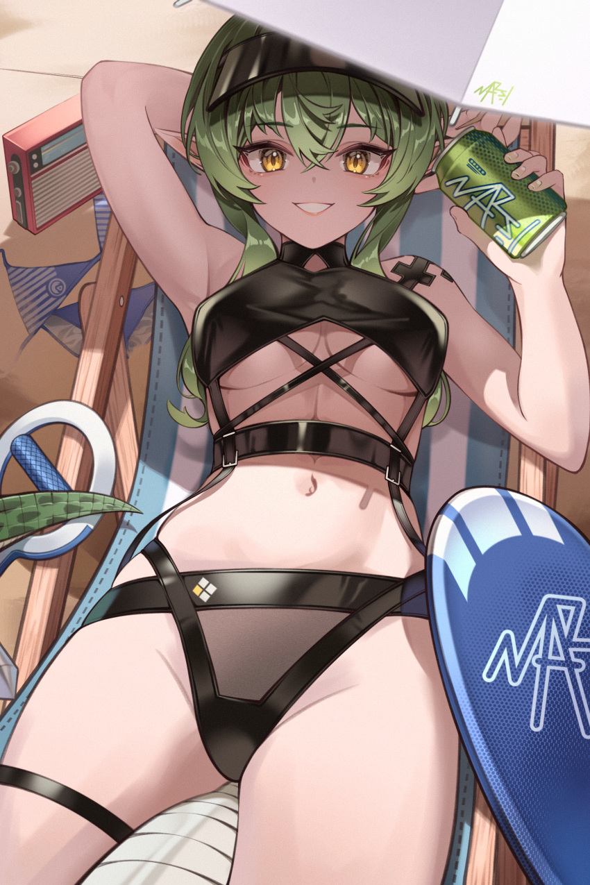 :d absurdres arknights arm_behind_head arm_up armpits beach_umbrella black_one-piece_swimsuit breasts casual_one-piece_swimsuit chair crocodilian_tail female gavial_(arknights) green_hair green_tail grin highres large_breasts long_hair looking_at_viewer lounge_chair lying navel official_alternate_costume on_back one-piece_swimsuit parted_lips pointy_ears radio sidelocks smile solo surfboard swimsuit tail umbrella underboob visor_cap yellow_eyes zhengqi_zhizi_sg