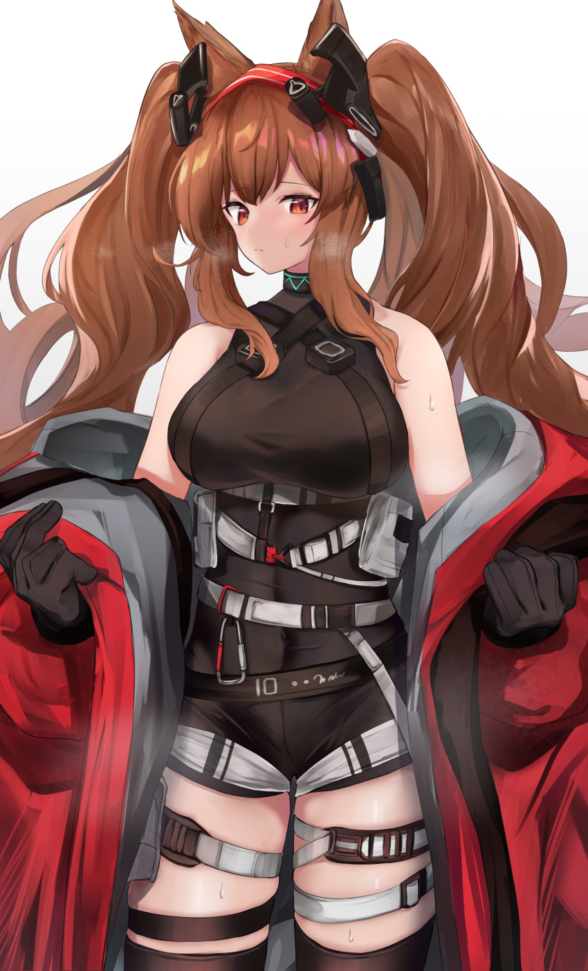 absurdres angelina_(arknights) angelina_(distinguished_visitor)_(arknights) animal_ears arknights asumi_maboroshi bare_shoulders belt black_leotard breasts brown_hair coat commentary_request cowboy_shot female fox_ears hairband highres infection_monitor_(arknights) large_breasts leotard long_hair off_shoulder official_alternate_costume open_clothes open_coat red_coat red_eyes red_hairband sidelocks simple_background solo standing thigh_strap thighs twintails white_background white_belt