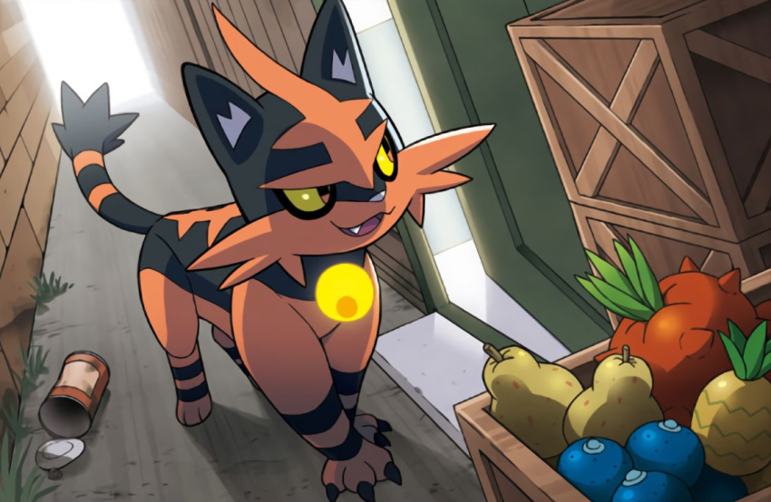 cat_focus claws creature feline food fruit full_body no_humans official_art oran_berry pinap_berry pokemon pokemon_(creature) pokemon_trading_card_game sakuma_sanosuke sitrus_berry solo tamato_berry third-party_source