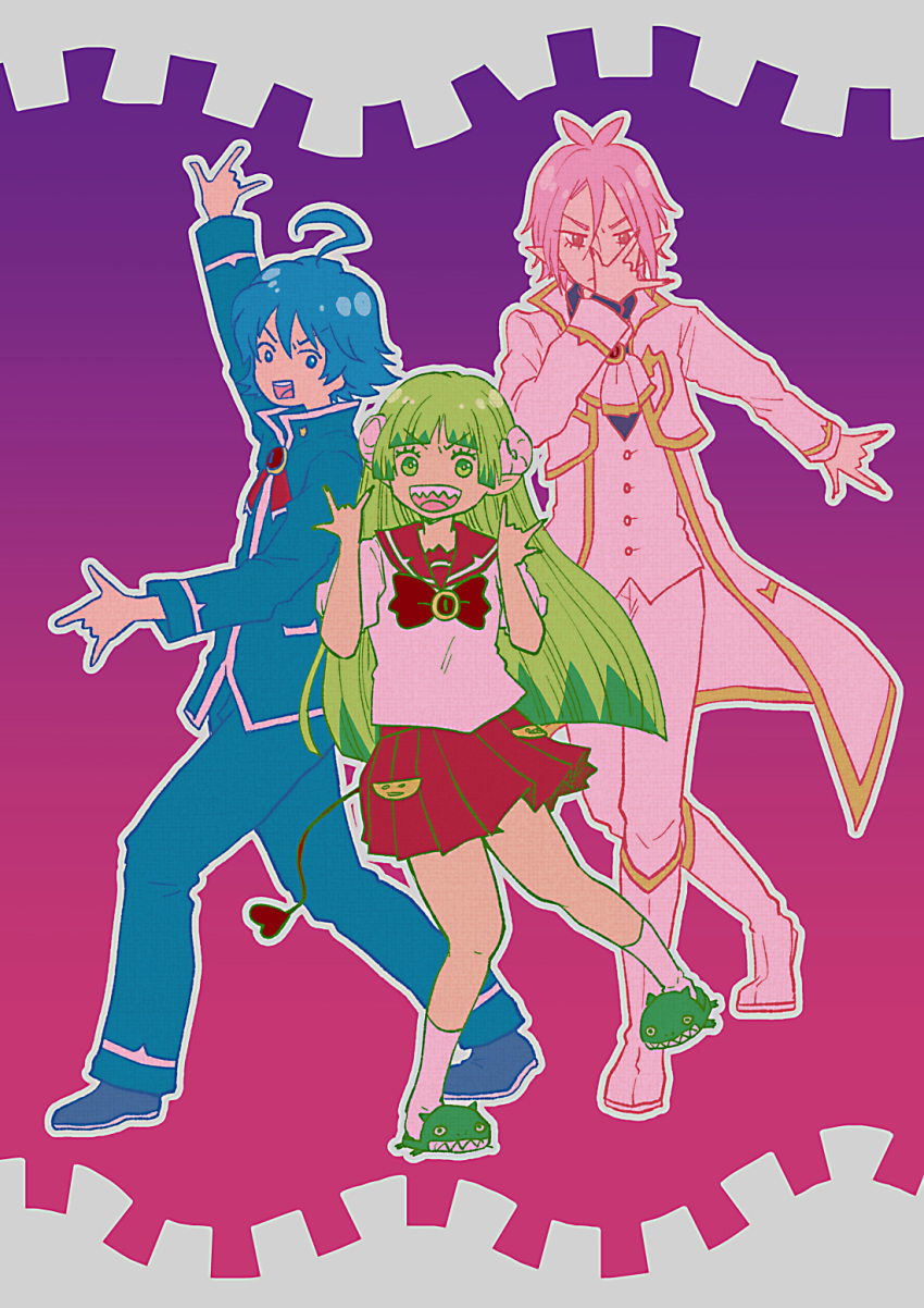 2boys :d :o ahoge ascot asmodeus_alice blue_eyes blue_hair blue_pants bow bowtie brooch curled_horns demon_boy demon_girl demon_tail female gold_trim gradient_background green_eyes green_footwear green_hair hachicoro93 hand_up hands_up highres horns jewelry long_hair long_sleeves looking_at_viewer mairimashita!_iruma-kun multiple_boys open_mouth pants pink_hair pose red_bow red_eyes school_uniform sharp_teeth shoes short_hair simple_background slippers smile standing standing_on_one_leg suzuki_iruma tail teeth valac_clara white_footwear