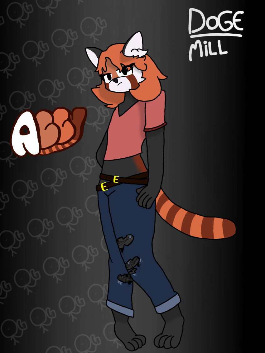 3:4 abby ailurid anthro bottomwear clothing denim denim_bottomwear denim_clothing dogemill fan_character female hair hi_res jeans mammal pants red_panda shirt solo topwear