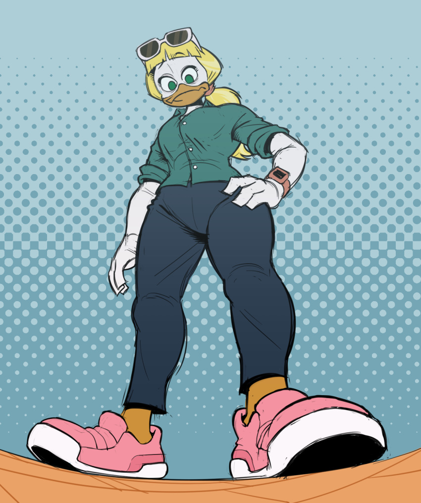 anatid anseriform anthro avian beak bird bottomwear clock clothed clothing disney duck ducktales ducktales_(2017) eyebrows eyewear eyewear_on_head female first_person_view footwear fully_clothed glasses goldie_o'gilt green_eyes hair hand_on_hip hi_res looking_down low-angle_view macro pants pink_clothing pink_footwear pink_shoes ponytail raised_eyebrow shoes silverscarf solo standing sunglasses sunglasses_on_head watch