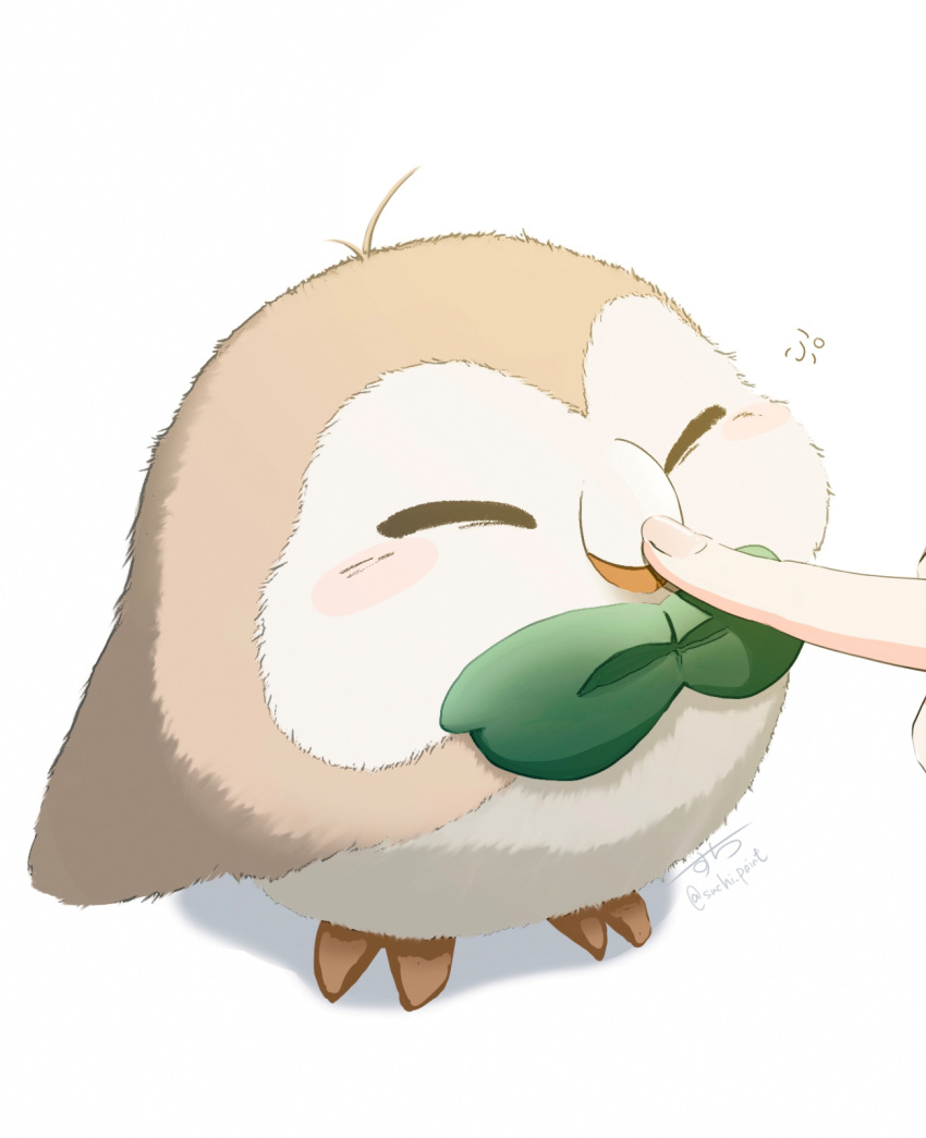 1other antenna_hair beak bird blush_stickers closed_eyes closed_mouth commentary_request happy highres owl pokemon pokemon_(creature) poking_nose rowlet signature simple_background standing suchi_(fsur7444) twitter_username white_background