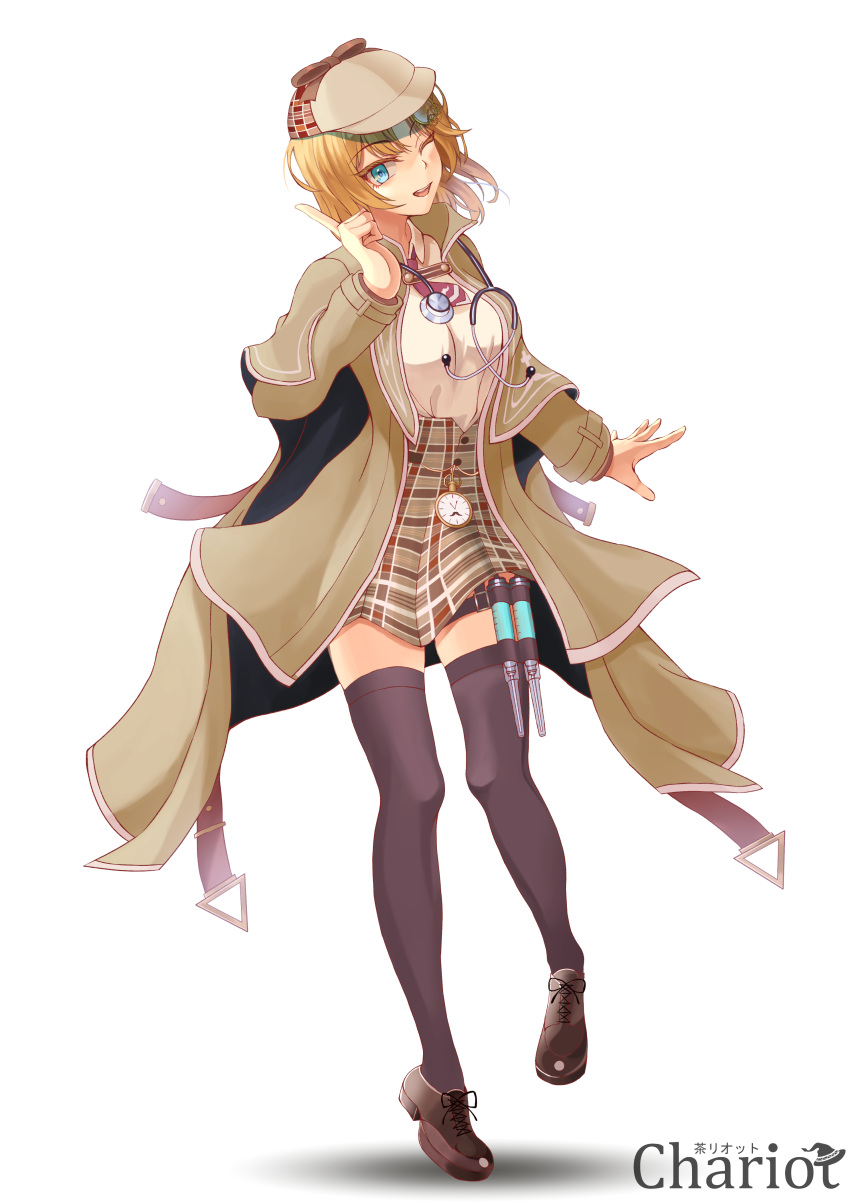 :d absurdres black_thighhighs blonde_hair blue_eyes bob_cut breasts brown_coat brown_footwear brown_hat chariot_(teachariot828) coat collared_shirt commentary_request female full_body gears hair_ornament hat highres hololive hololive_english holster long_sleeves looking_at_viewer medium_breasts medium_hair monocle necktie one_eye_closed open_mouth plaid plaid_skirt pleated_skirt pocket_watch red_necktie shirt shirt_tucked_in simple_background skirt smile solo stethoscope syringe thigh_holster thighhighs virtual_youtuber watch watson_amelia watson_amelia_(1st_costume) white_background white_shirt