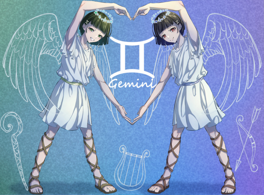 2girls ancient_greek_clothes chiton commentary dress english_text gemini_(symbol) gemini_(zodiac) gladiator_sandals greco-roman_clothes grin harp heart_arms_duo highres instrument looking_at_viewer magatama_illust multiple_girls night night_sky original sandals siblings sky sleeveless smile standing twins white_dress zodiac