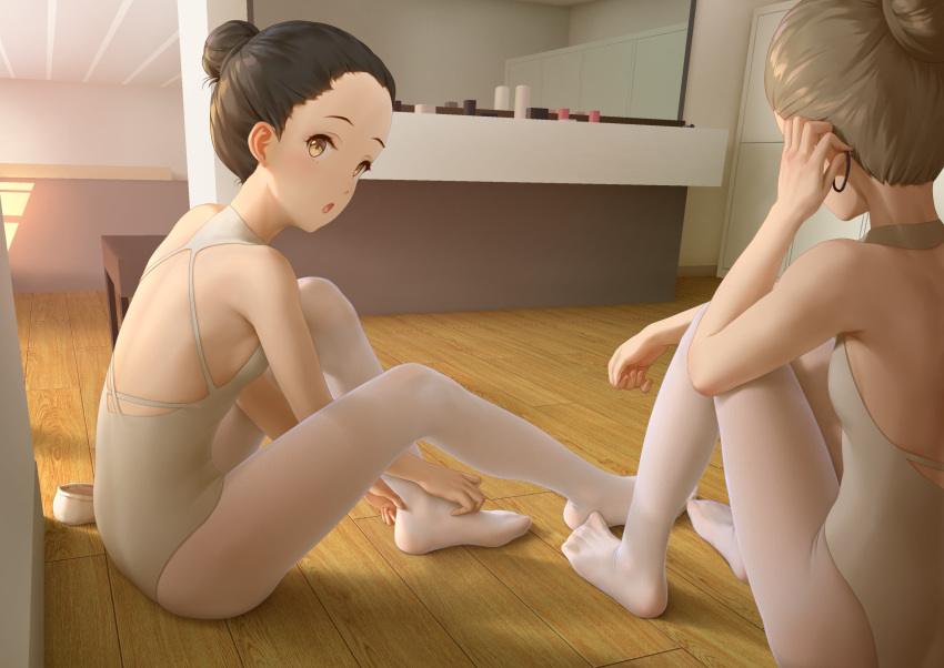 2girls athletic_leotard backless_outfit ballerina ballet ballet_slippers bare_arms bare_shoulders barre black_hair blonde_hair blush breasts brown_eyes commentary_request dance_studio forehead grey_leotard hair_bun highres himitsu_(hi_mi_tsu_2) hina_saori_(himitsu) indoors knees_up legs leotard looking_at_another mirror multiple_girls no_shoes on_floor open_mouth original pantyhose shoes short_hair sideboob single_hair_bun sitting smile unworn_shoes white_pantyhose wooden_floor yuri