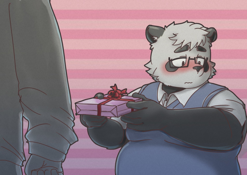 2022 anthro bear black_nose blush clothing duo eyewear giant_panda gift glasses hi_res holidays humanoid_hands kemono male mammal necktie overweight overweight_male pinoren sasayama_akira shirt solo_focus topwear valentine's_day vtuber white_body