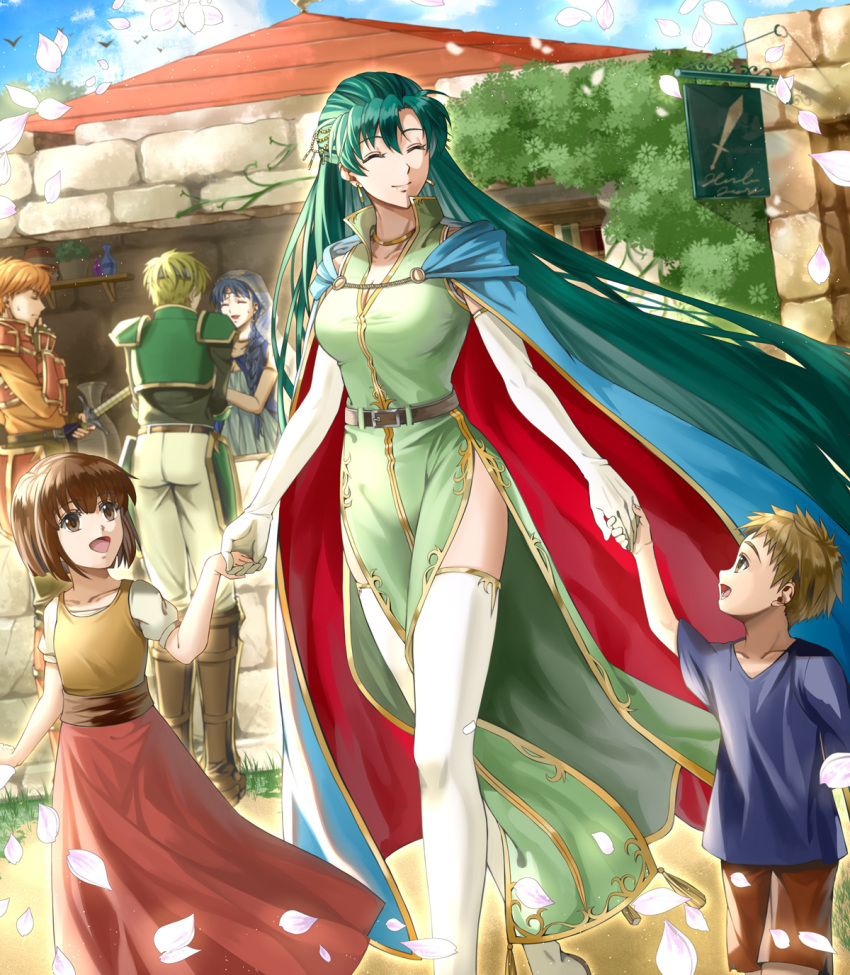 3boys 3girls alternate_costume alternate_hairstyle armor blue_hair boots braid breasts brown_hair cape cleavage closed_eyes delsaber dress earrings elbow_gloves falling_petals fantasy fire_emblem fire_emblem:_the_blazing_blade gloves green_dress green_hair highres holding_hands jewelry kent_(fire_emblem) long_hair looking_up lyn_(fire_emblem) medium_breasts multiple_boys multiple_girls open_mouth petals red_hair sain_(fire_emblem) smile thigh_boots thighhighs very_long_hair