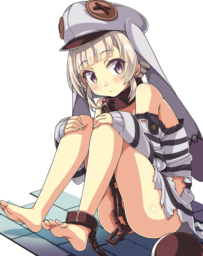 ankle_cuffs ass azur_lane ball_and_chain_restraint barefoot blonde_hair chain_leash chains commentary_request feet female grozny_(azur_lane) grozny_(bad_bunny_behind_bars)_(azur_lane) hat highres leash long_hair looking_at_viewer macaroni_hourensou prison_clothes purple_eyes short_hair simple_background sitting soles solo toes torn_clothes white_background white_hat