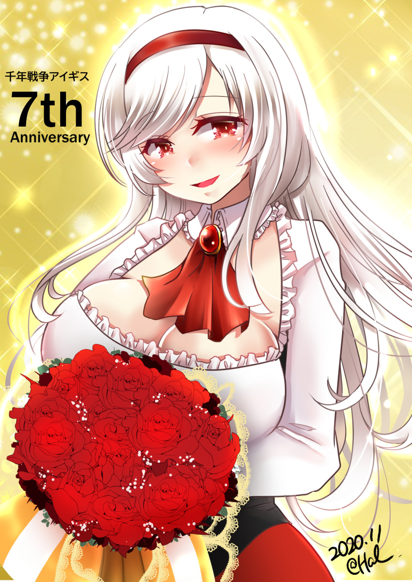 anna_(sennen_sensou_aigis) anniversary ascot blush bouquet breasts brooch cleavage dated female flower frills hal_(harun) headband highres holding holding_bouquet jewelry large_breasts long_hair looking_at_viewer open_mouth parted_bangs red_ascot red_eyes red_headband sennen_sensou_aigis smile solo sparkle very_long_hair yellow_background