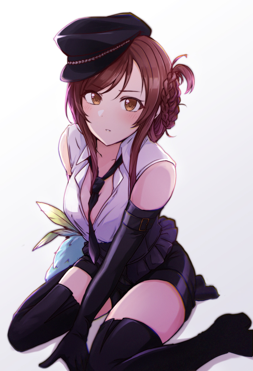 absurdres between_breasts black_footwear black_gloves black_hat black_necktie black_shorts blush boots braid breasts brown_eyes brown_hair cleavage collarbone dress_shirt elbow_gloves female gloves grey_background hair_between_eyes hat highres idolmaster idolmaster_shiny_colors kusaka_io long_hair medium_breasts necktie necktie_between_breasts open_clothes open_shirt osaki_amana parted_lips shirt short_shorts shorts simple_background sitting sleeveless sleeveless_shirt solo swept_bangs thigh_boots wariza white_background white_shirt zettai_ryouiki