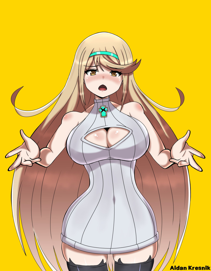 aidan_kresnik alternate_costume artist_name bare_shoulders black_thighhighs blonde_hair blush breasts cleavage cleavage_cutout clothing_cutout commentary cowboy_shot dress english_commentary female gem highres large_breasts long_hair looking_at_viewer meme meme_attire my_little_pogchamp_(meme) mythra_(xenoblade) open-chest_sweater open_mouth ribbed_sweater simple_background sleeveless sleeveless_dress solo sweater sweater_dress swept_bangs thighhighs very_long_hair virgin_killer_sweater white_dress white_sweater xenoblade_chronicles_(series) xenoblade_chronicles_2 yellow_background yellow_eyes yellow_theme